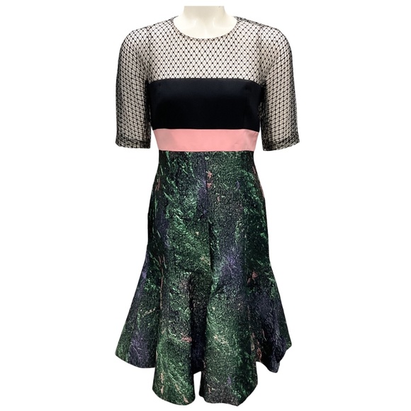 J. MENDEL TEAL MULTI LACE AND JACQUARD COCKTAIL DRESS - Picture 1 of 5